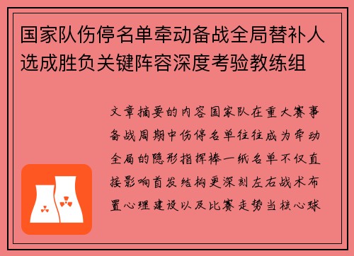 国家队伤停名单牵动备战全局替补人选成胜负关键阵容深度考验教练组